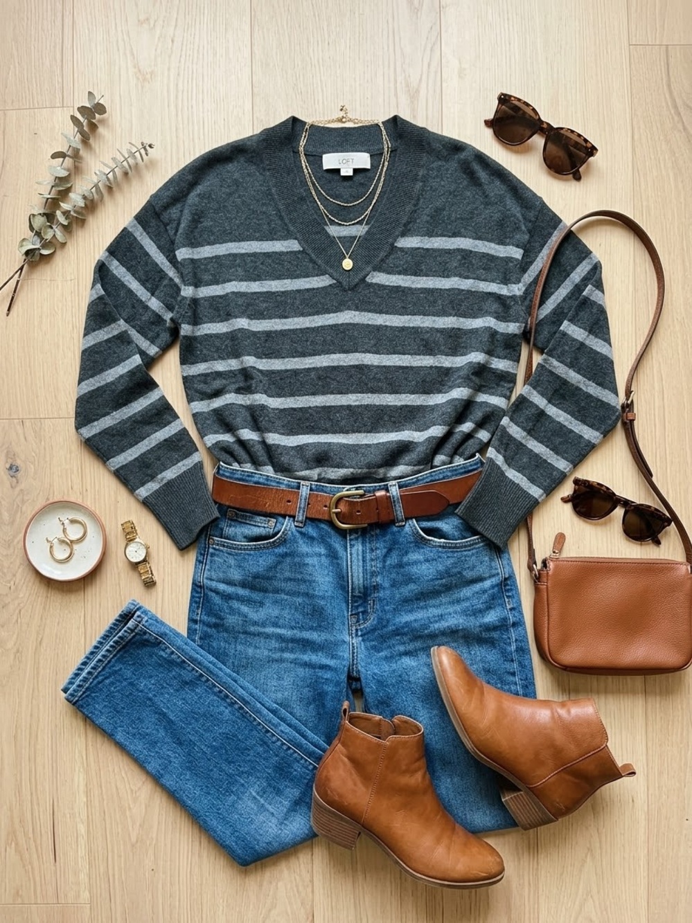 LOFT Charcoal and Light Gray Striped V-Neck Sweater Sz S